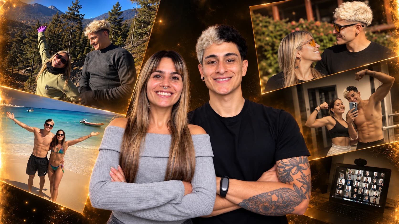 Alex Morales y Romi sonriendo con los brazos cruzados sobre fondo negro.